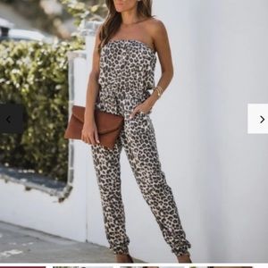 Strapless cheetah knit jumpsuit